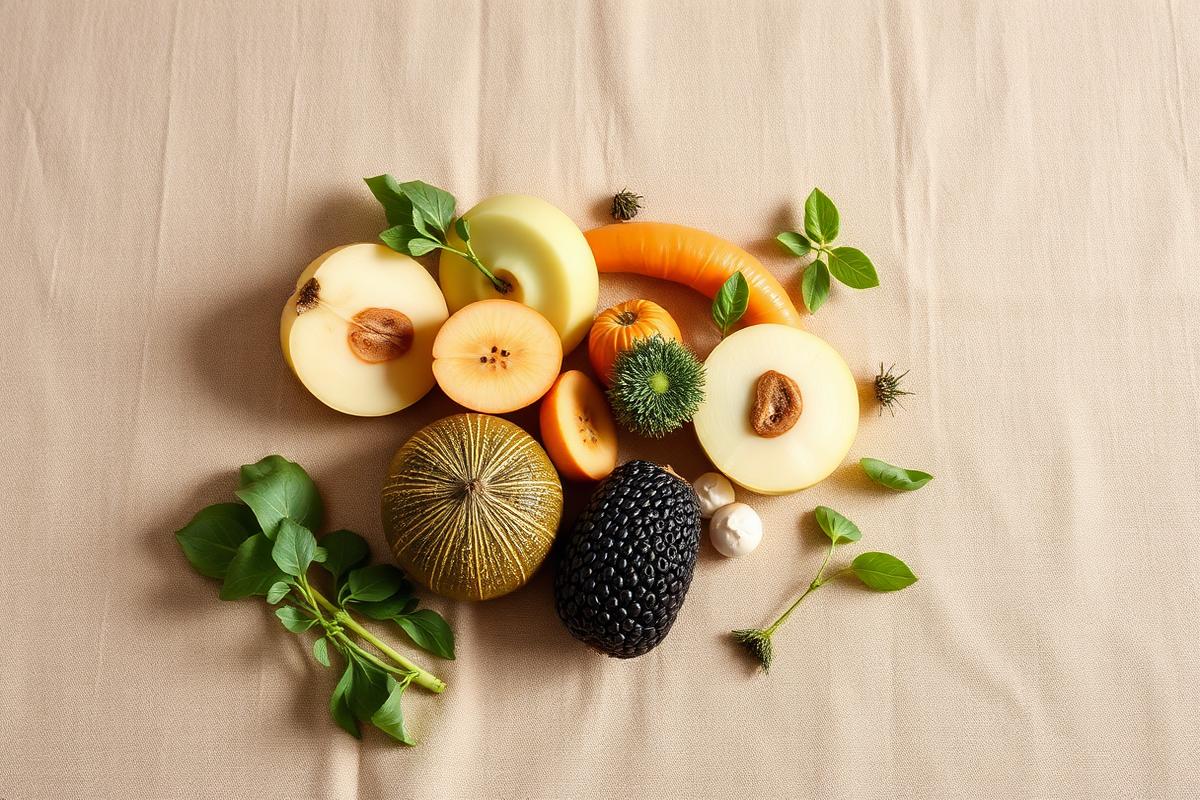 Frutas e alimentos frescos organizados sobre tecido de linho bege