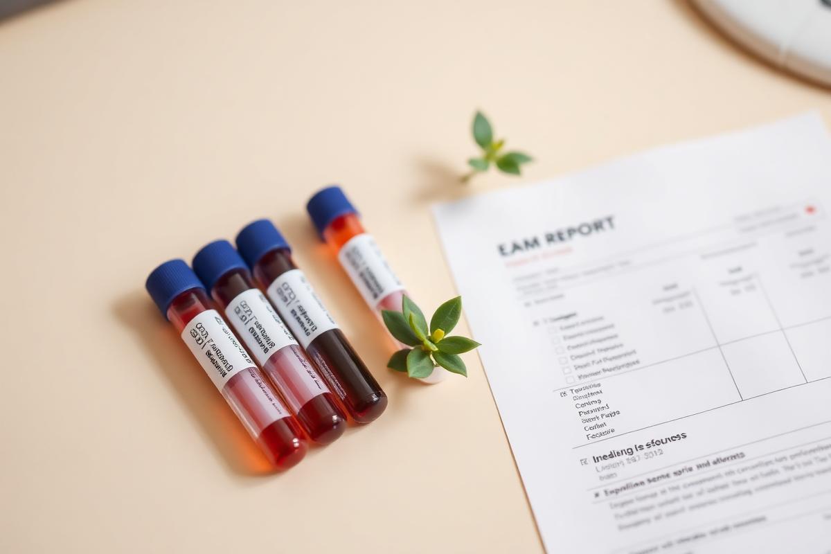 Tubos de coleta de sangue ao lado de um laudo de exame sobre mesa clara