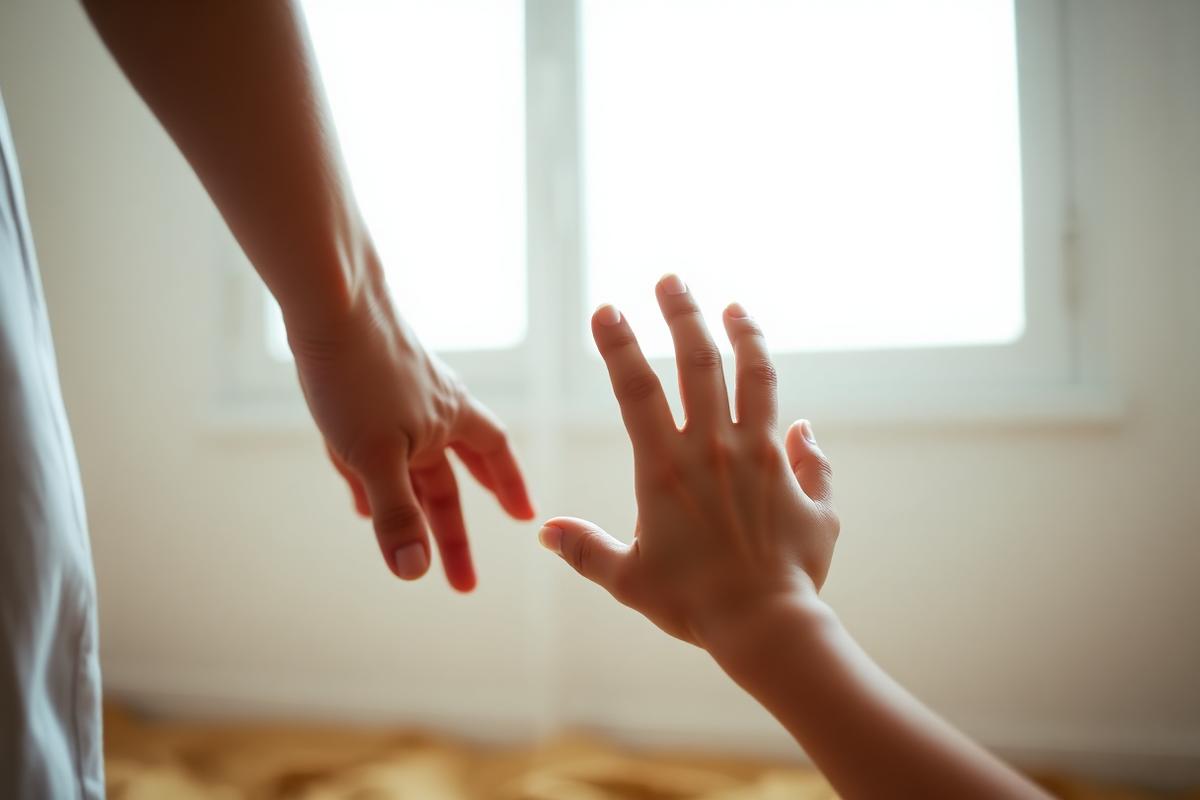 Mão de uma mãe segurando a mão de seu bebê perto de uma janela