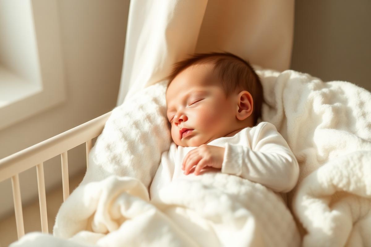 Bebê dormindo tranquilamente em berço com luz natural suave