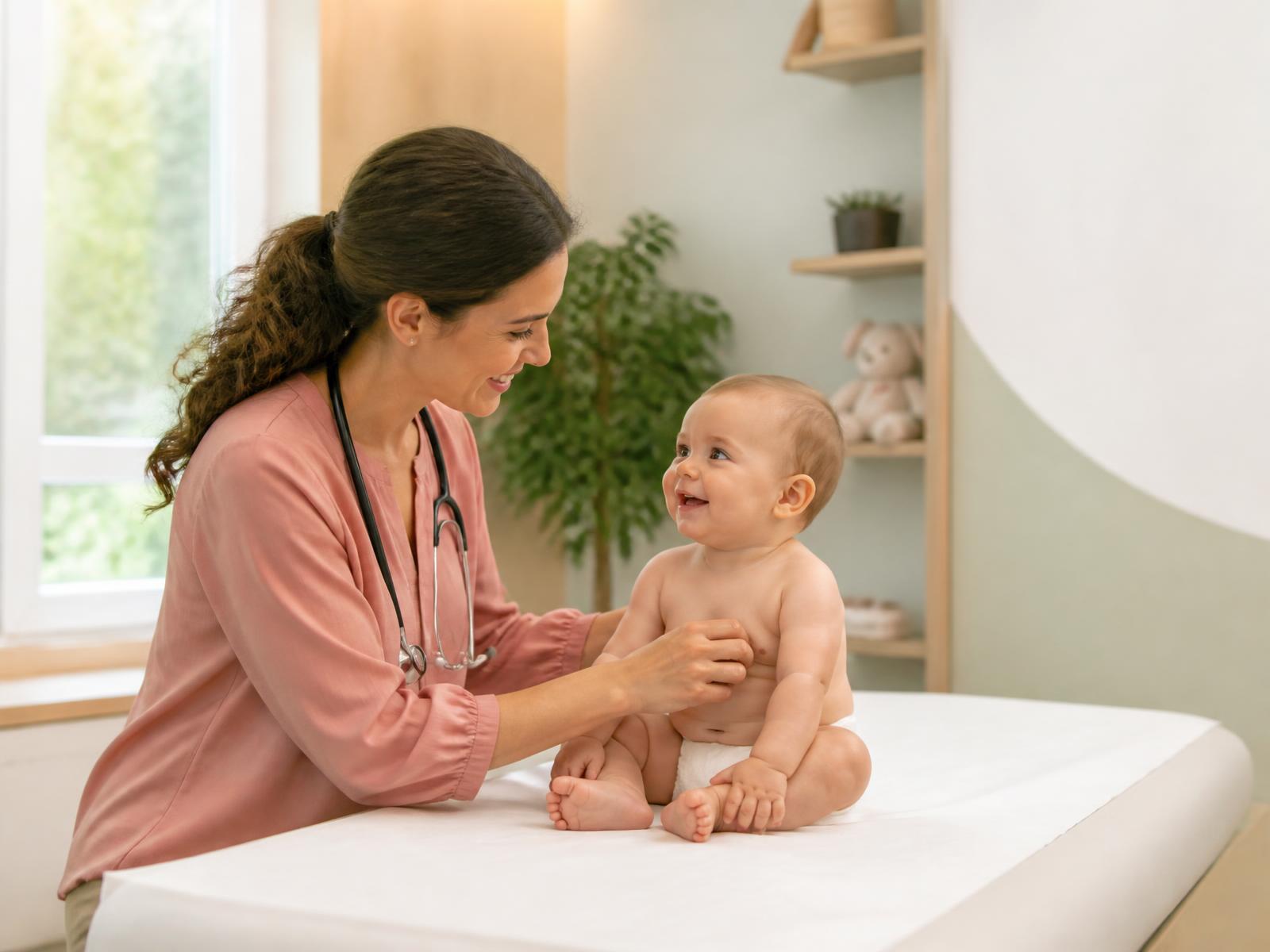Pediatra avaliando um bebê sorridente em consulta de puericultura